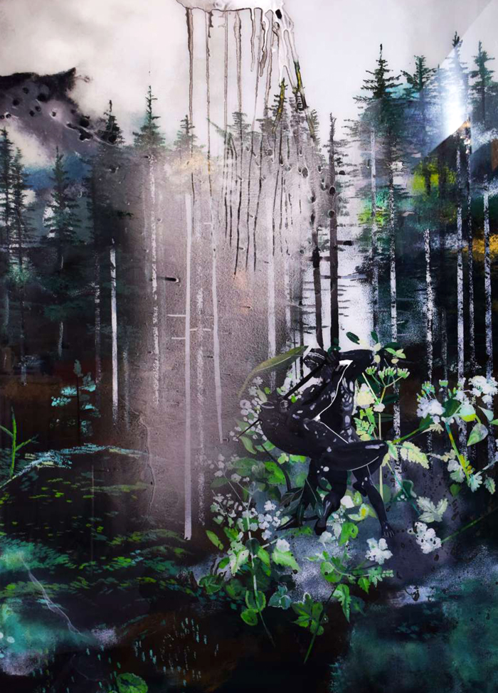 Muriel Rodolosse, Le jardin des orgueilleux 1, peinture inversée sous Plexiglas, 140 x 100 cm, 2020