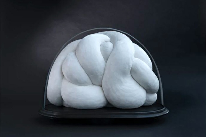 Kate MccGwire, Nuzzle, 2024. Technique mixte avec plumes d'oie dans un dôme en verre antique, 45 x 60 x 20 cm