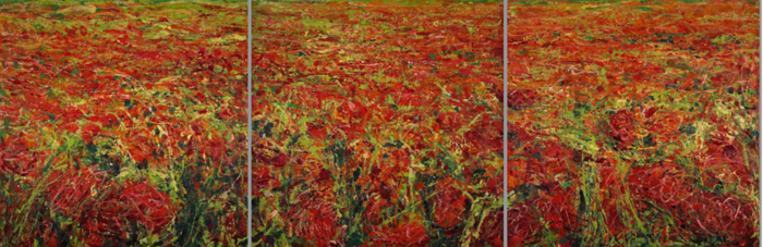 © Philippe Cognée, Champ de coquelicots, 2022, Peinture à la cire sur toile, 120 × 360 cm 