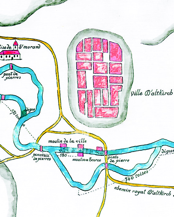 Fragment de la  Carte du cours de L'Isle, depuis sa source jusqu'・Mulhausen, datant du XVIIIe siècle et issue des Archives municipales de Mulhouse.