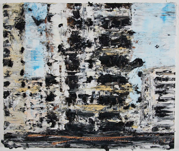 Philippe Cognée, Traverser la ville 1, 2024, huile et fusain de bois sur toile, 39 × 45 cm © Philippe Cognée, Courtesy TEMPLON, Paris, Brussels, New York 