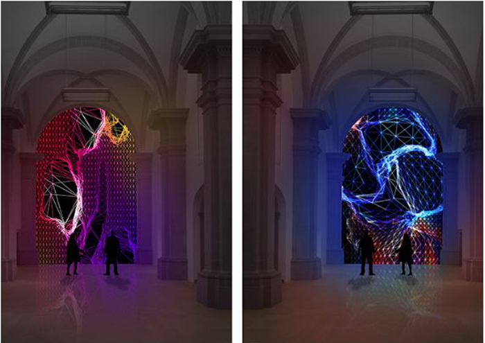 Miguel Chevalier, Maillages Cosmiques 2023 - Installation de réalité virtuelle générative et interactive. Logiciels : Cyrille Henry, Antoine Villeret