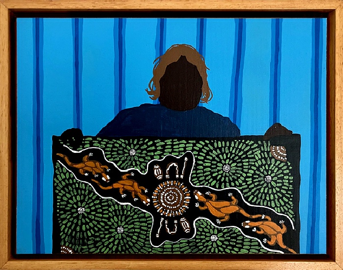 Camille Castillon, Tanya Bulla showing her painting, Alice Springs, 2023. Acrylique sur toile marouflée, 30 cm x 40 cm.
