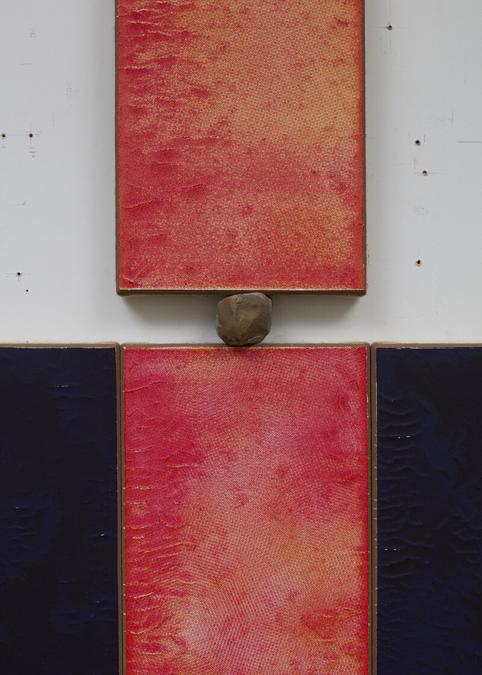 N. Dash,&nbsp;Untitled&nbsp;(detail), 2023. Earth, acrylic, rock, silkscreen ink, jute, 64 x 59 inches. Photo: Jason Wyche. 