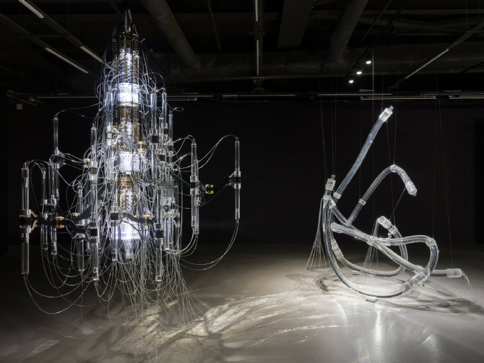 Installation view of Yunchul Kim,&nbsp;&nbsp;Cascade (2018)&nbsp;&nbsp;at KCCUK. © Mark Blower. 	